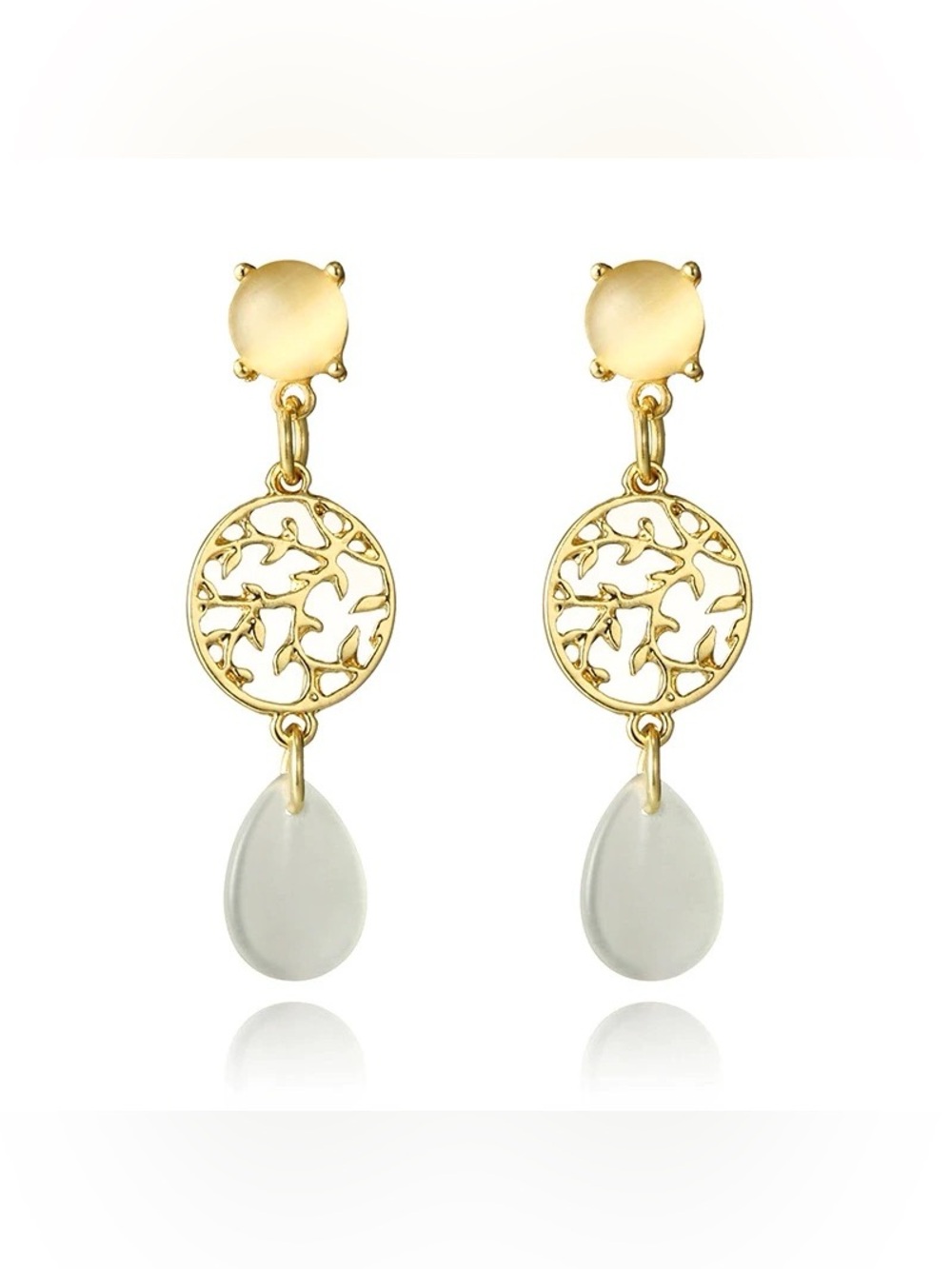 Gold Filigree Drop Earrings with White Teardrop Stone